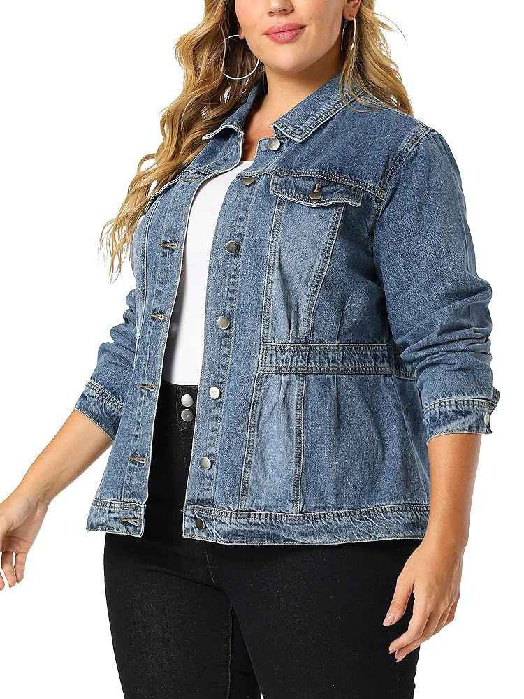 Agnes Orinda Plus Size Denim Jacket for Women Long Sleeve